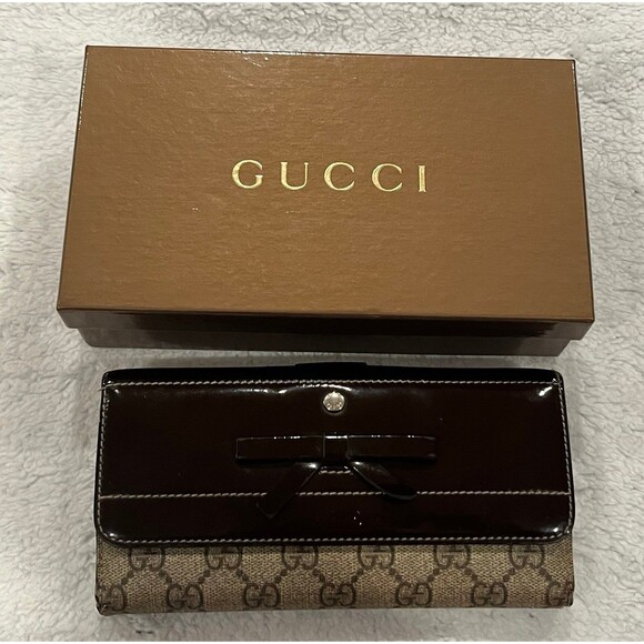 Gucci Long Wallet GG Canvas Brown Leather Patent Leather with Box Authenticated - Picture 1 of 12
